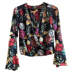 Guess Black Floral Blouse with Red and Green Accents